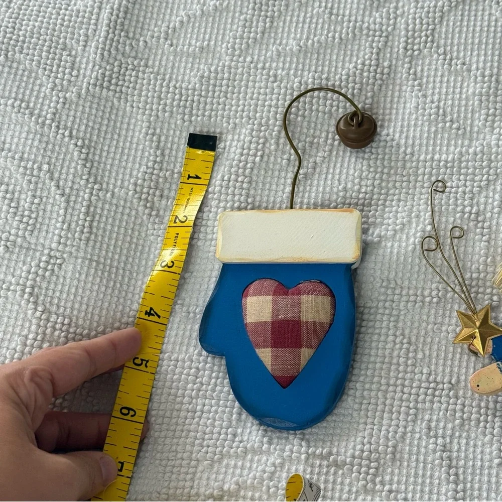 Vintage Primitive Wood Christmas Ornaments Set Angel Flying‎ Blue Mitten Heart